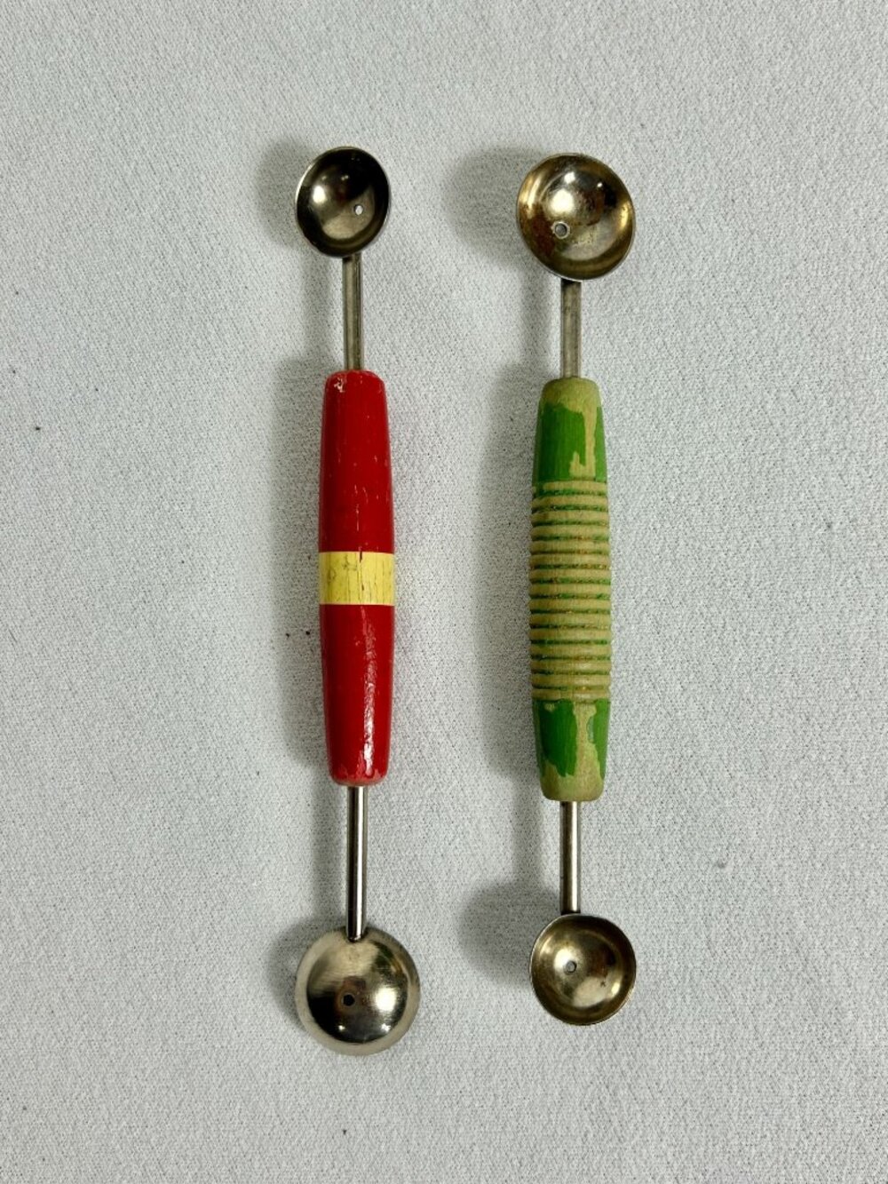 Set of 2 Vintage A&J Double-Ended Wooden Handled Melon Ballers / Fruit Scoops